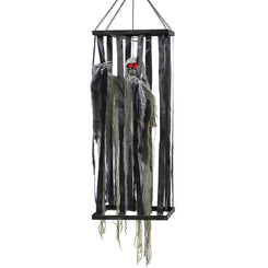 Outsunny Animatronics Hanging Skeleton Reaper in Cage, Voice-Activated Prop with Flashing Eyes, Easy Setup Indoor