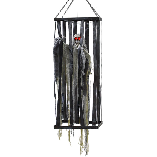 Outsunny Animatronics Hanging Skeleton Reaper in Cage, Voice-Activated Prop with Flashing Eyes, Easy Setup Indoor