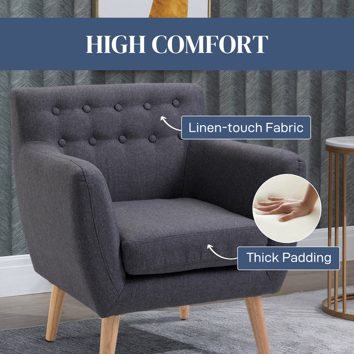 HOMCOM Linen Upholstery Armchair, Mid-Century Modern Accent Chair with Wood Frame and Thick Padding, Light Grey
