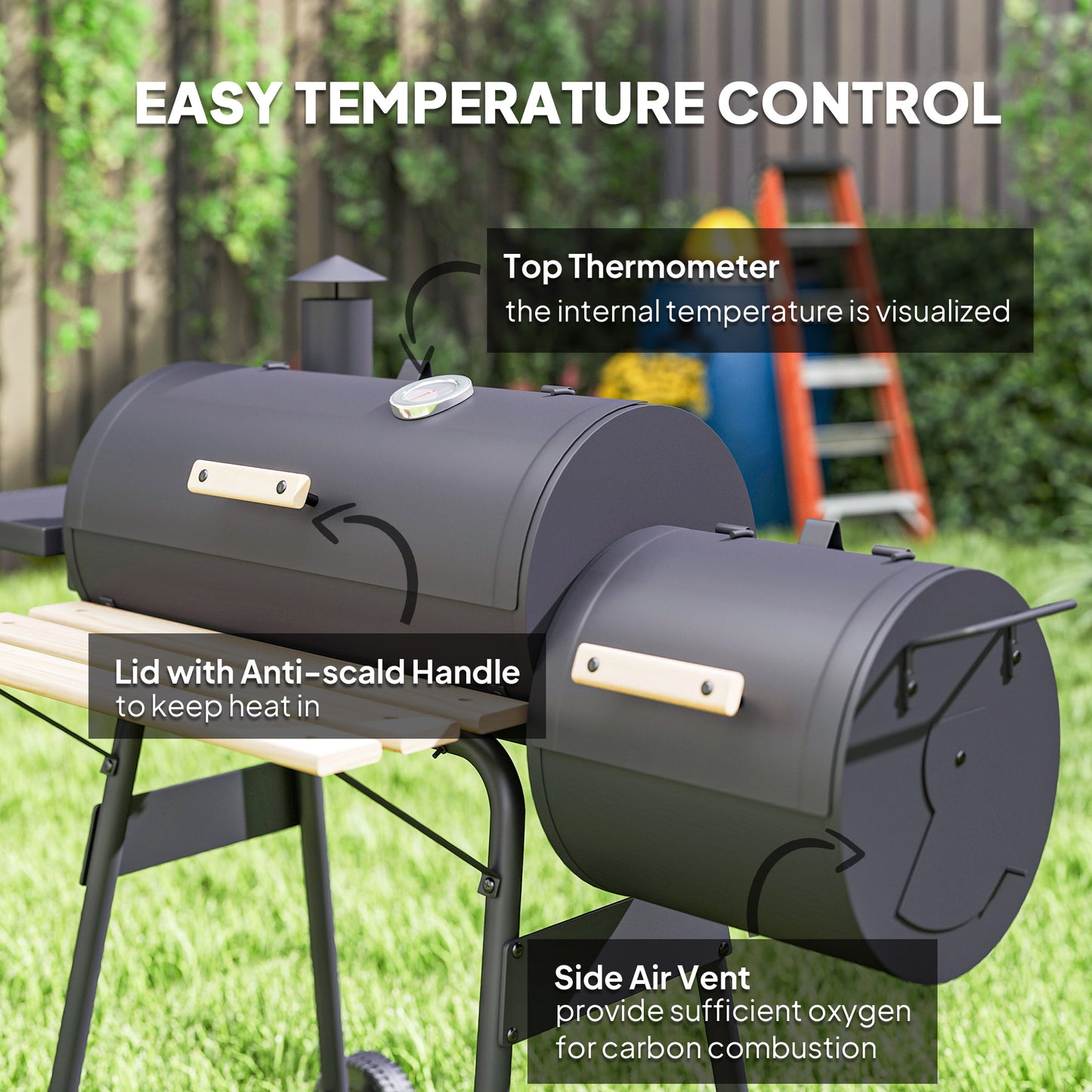Outsunny 49" Charcoal BBQ Grill with Offset Smoker Portable Backyard Cooking Smoker Outdoor Camp Picnic Barbecue Cooker with Thermometer Wheels and Storage Shelves