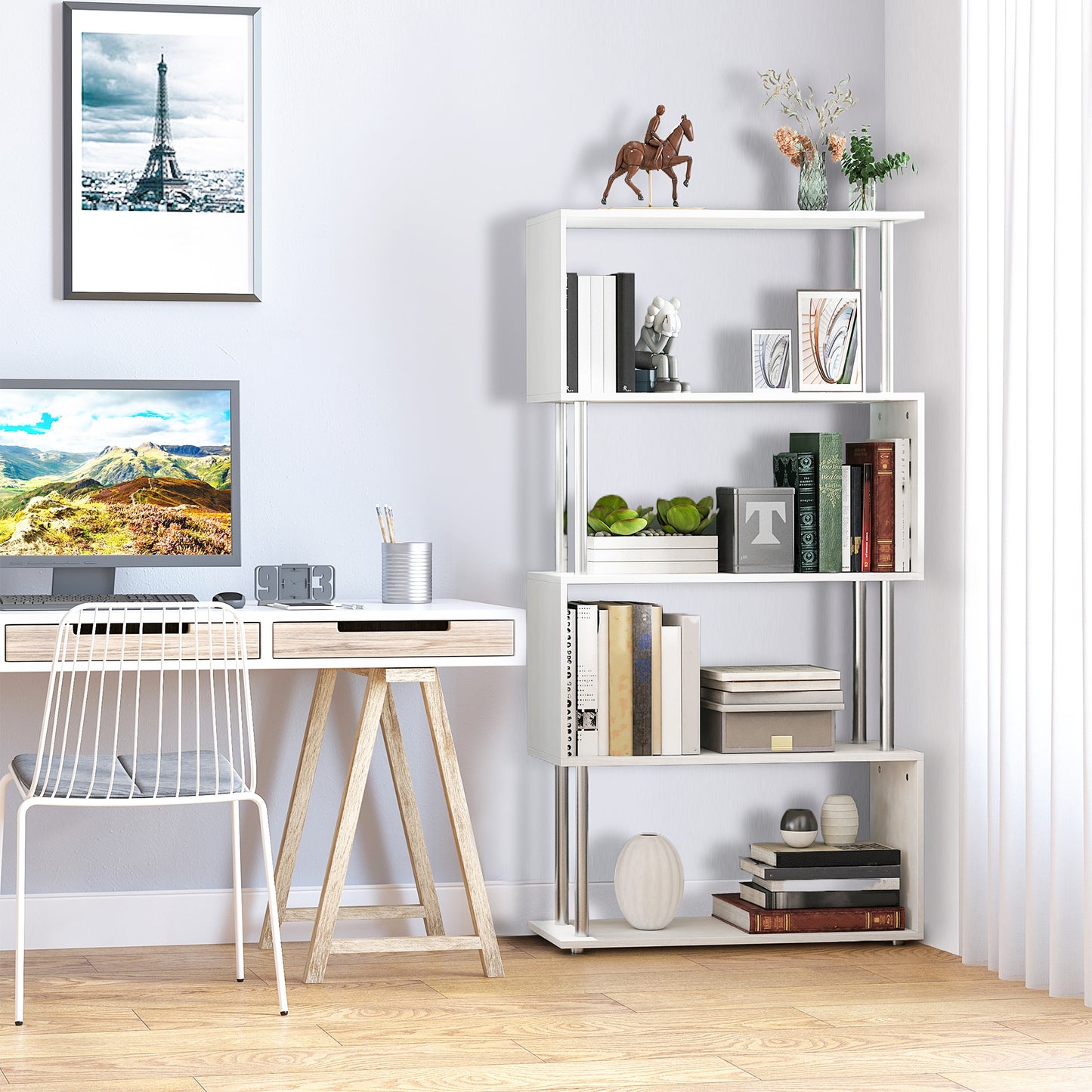 HOMCOM 5-Tiers Geometric Wooden Bookcase S-Shaped Storage Bookshelf Display with Metal Frame for Living Room, Bedroom, Home Office, Black