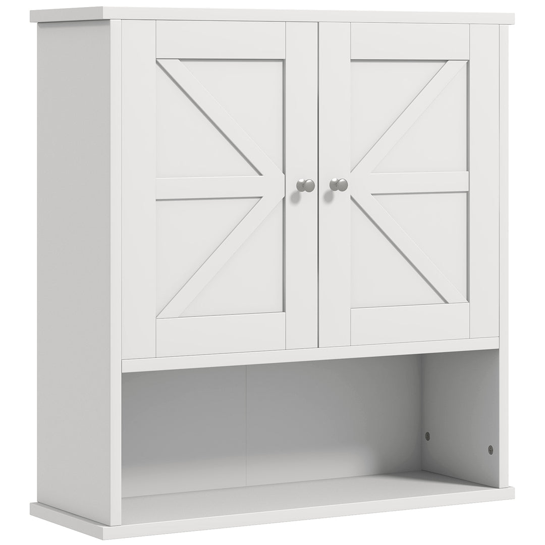 kleankin Farmhouse Bathroom Medicine Cabinet, Wall Cabinet with Barn Doors, and Adjustable Shelf for Laundry Room, White