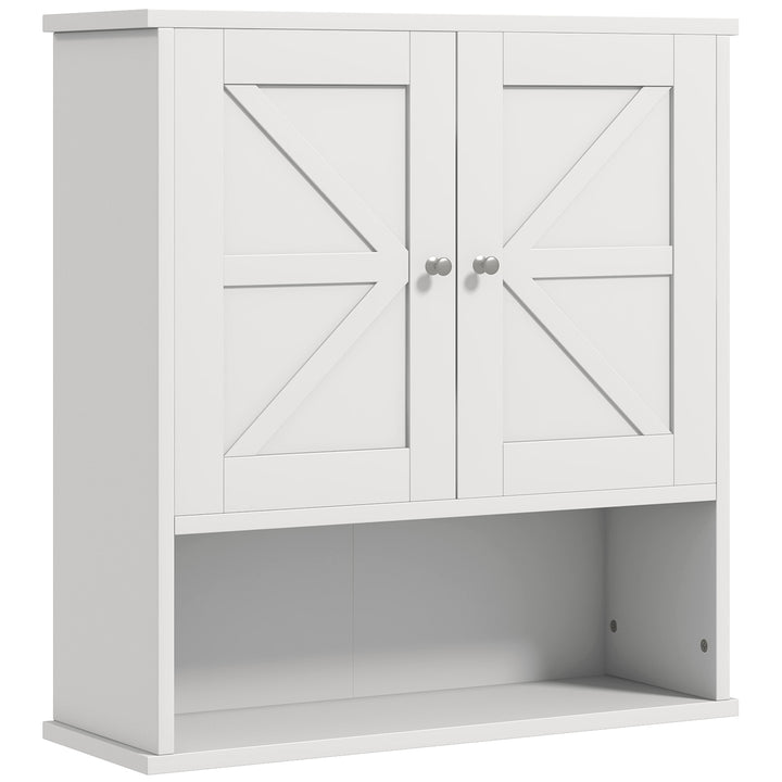 kleankin Farmhouse Bathroom Medicine Cabinet, Wall Cabinet with Barn Doors, and Adjustable Shelf for Laundry Room, White