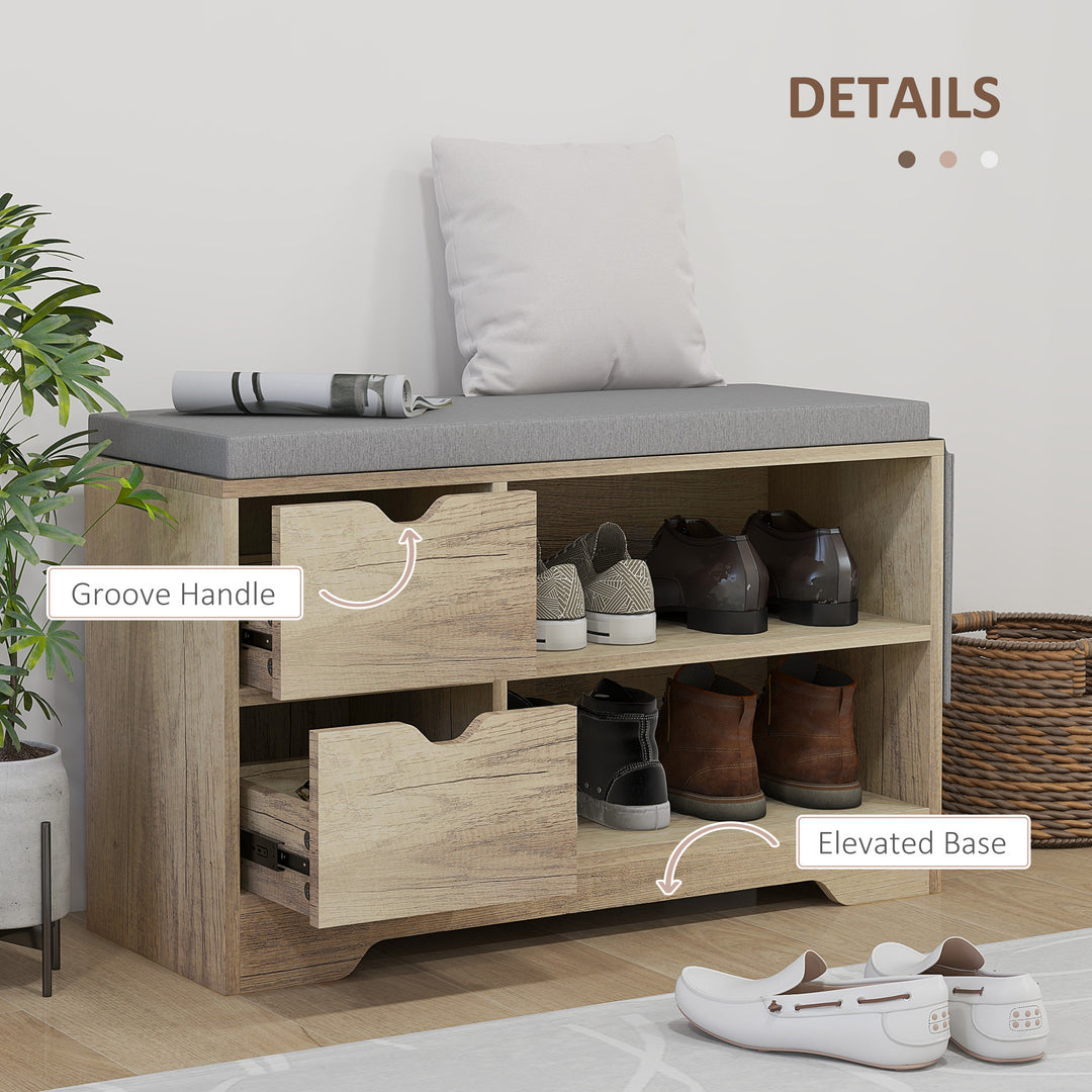 HOMCOM Upholstered Shoe Storage Bench w/ Seat, Entrance Bench w/ Drawer Open Shelves and Pocket for Hallway, White