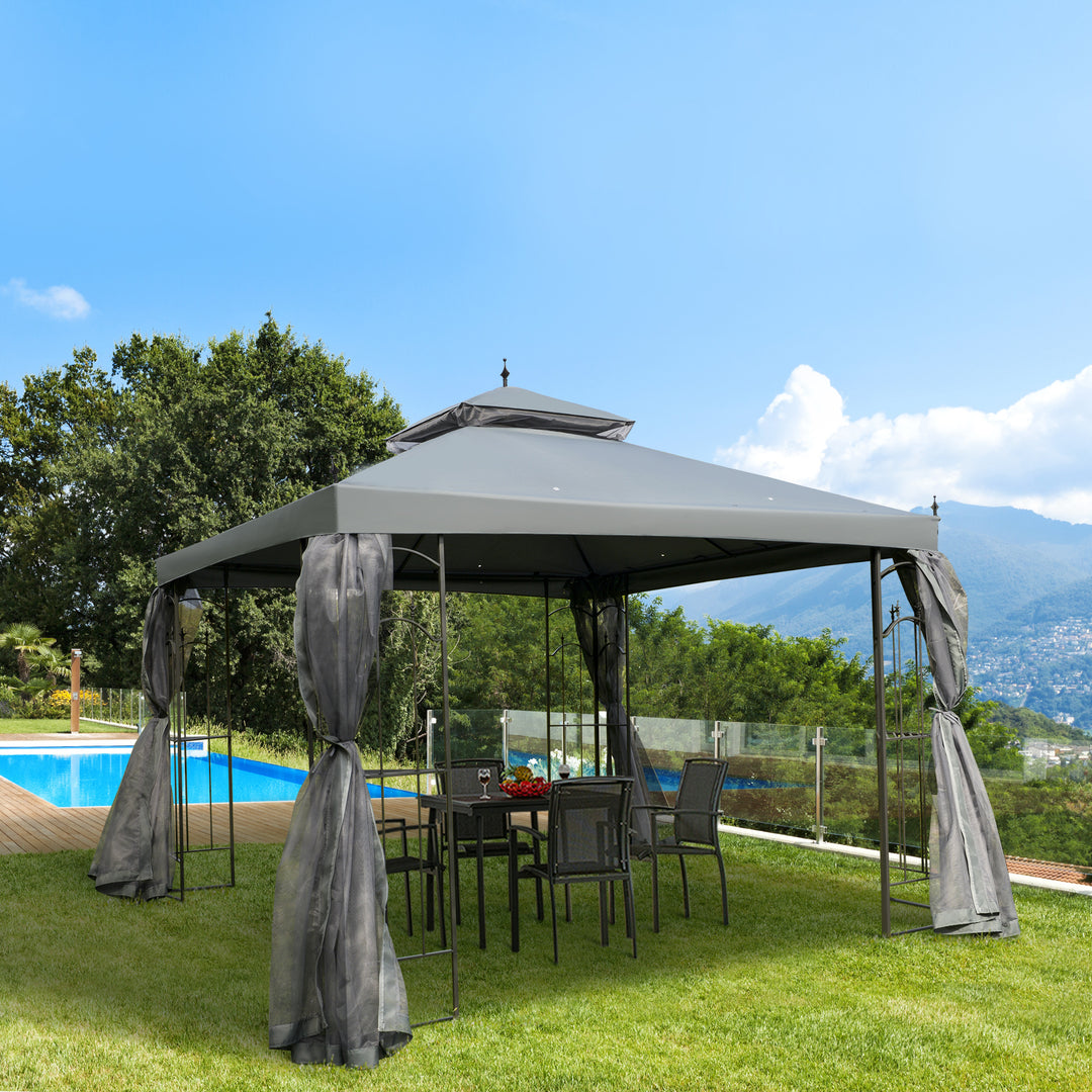 Outsunny 10' x 10' Steel Outdoor Patio Gazebo Canopy with Removable Mesh Curtains, Display Shelves, & Steel Frame, Grey