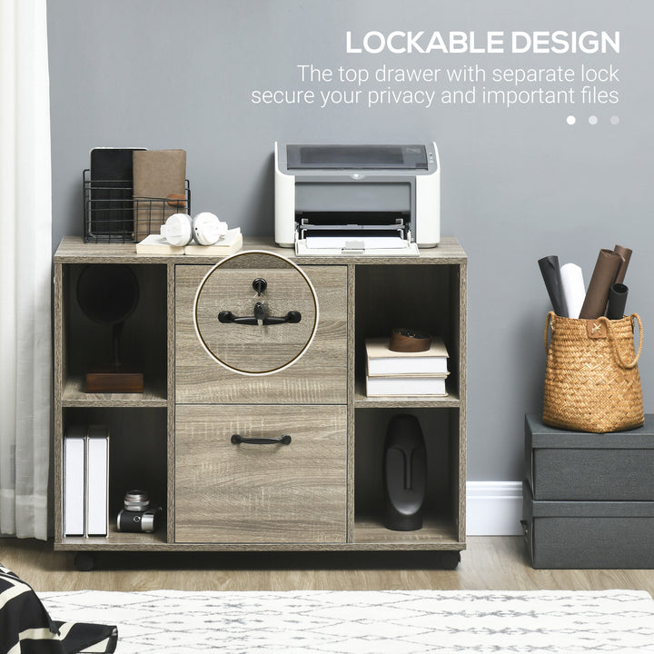 Vinsetto Lateral Filing Cabinet with Wheels and Lockable Drawer, File Cabinet, Mobile Printer Stand with Open Shelves for Letter and A4 Size Documents, Rustic Brown