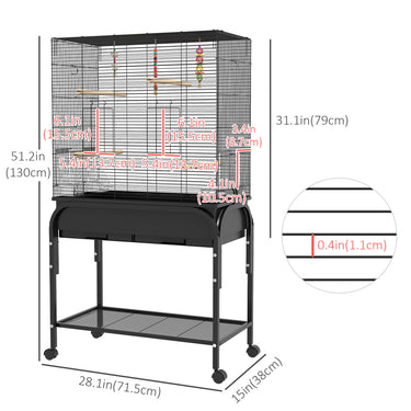 PawHut 51" Bird Cage for Budgies Canaries Finches Lovebirds Parakeets with Rolling Stand, Toys, Black
