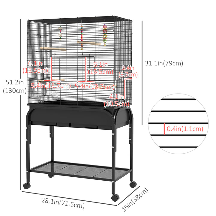 PawHut 51" Bird Cage for Budgies Canaries Finches Lovebirds Parakeets with Rolling Stand, Toys, Black