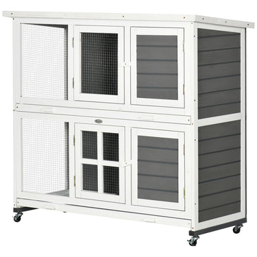 PawHut 2 Tier Wooden Rabbit Hutch with Wheels, Waterproof Roof, Removable Tray for Outdoor & Indoor, Dark Grey