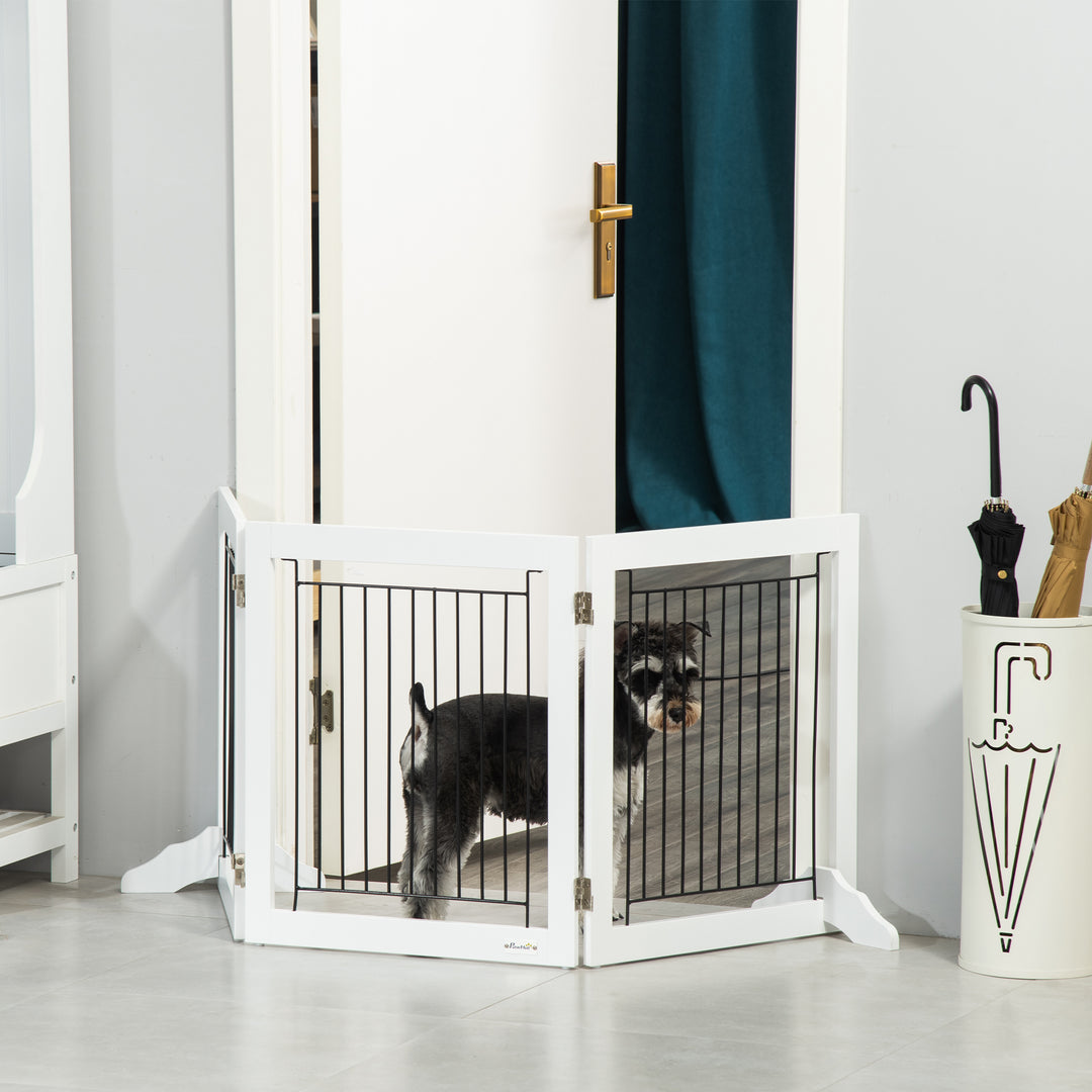 PawHut Freestanding Pet Gate, Folding Dog Gate with 2 Support Feet, 24" High, 3 Panels, for Small Dogs, Indoor Use - White