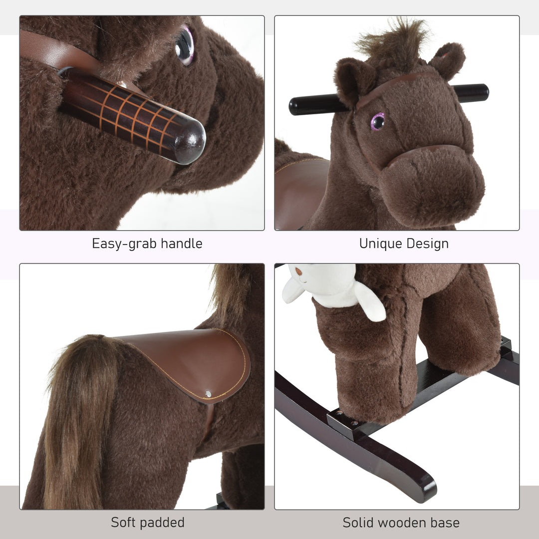 Qaba Kids Plush Ride-On Rocking Horse with Bear Toy, Children Chair with Soft Plush Toy & Fun Realistic Sounds, Blue