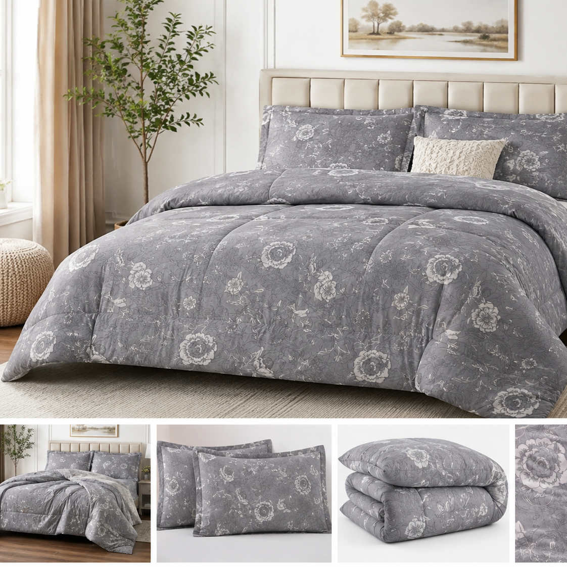 Aarniva Breathable Polyester Silver Garden Comforter Set | King/Queen | 250 GSM | Ultra-Soft & Cozy | Soft Grey | 5-Piece Set