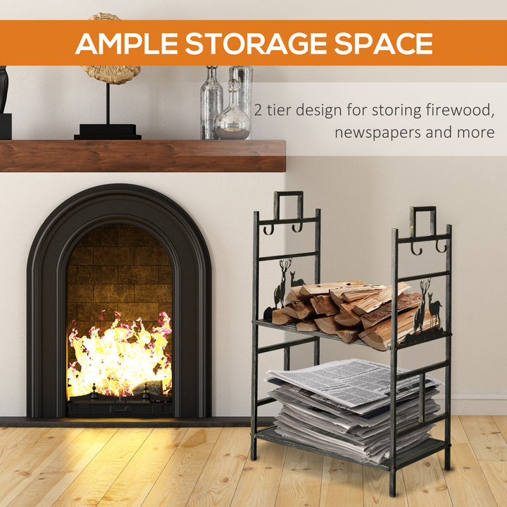 Outsunny 2-Layer Heavy Duty Firewood Rack Wood Log Fireplace Stacker  w/ 4 Tools, Black and Gold