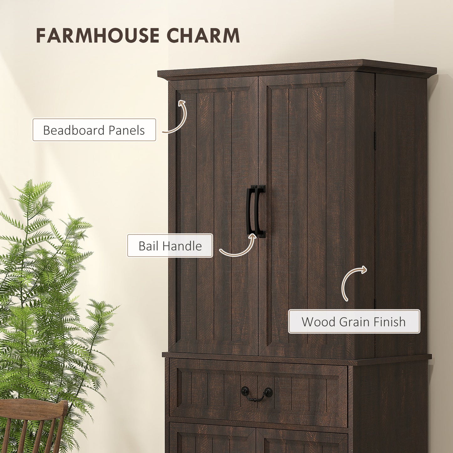 HOMCOM 71" LED Kitchen Pantry Cabinet, Farmhouse Storage Cabinet with Door Shelves, Distressed Brown
