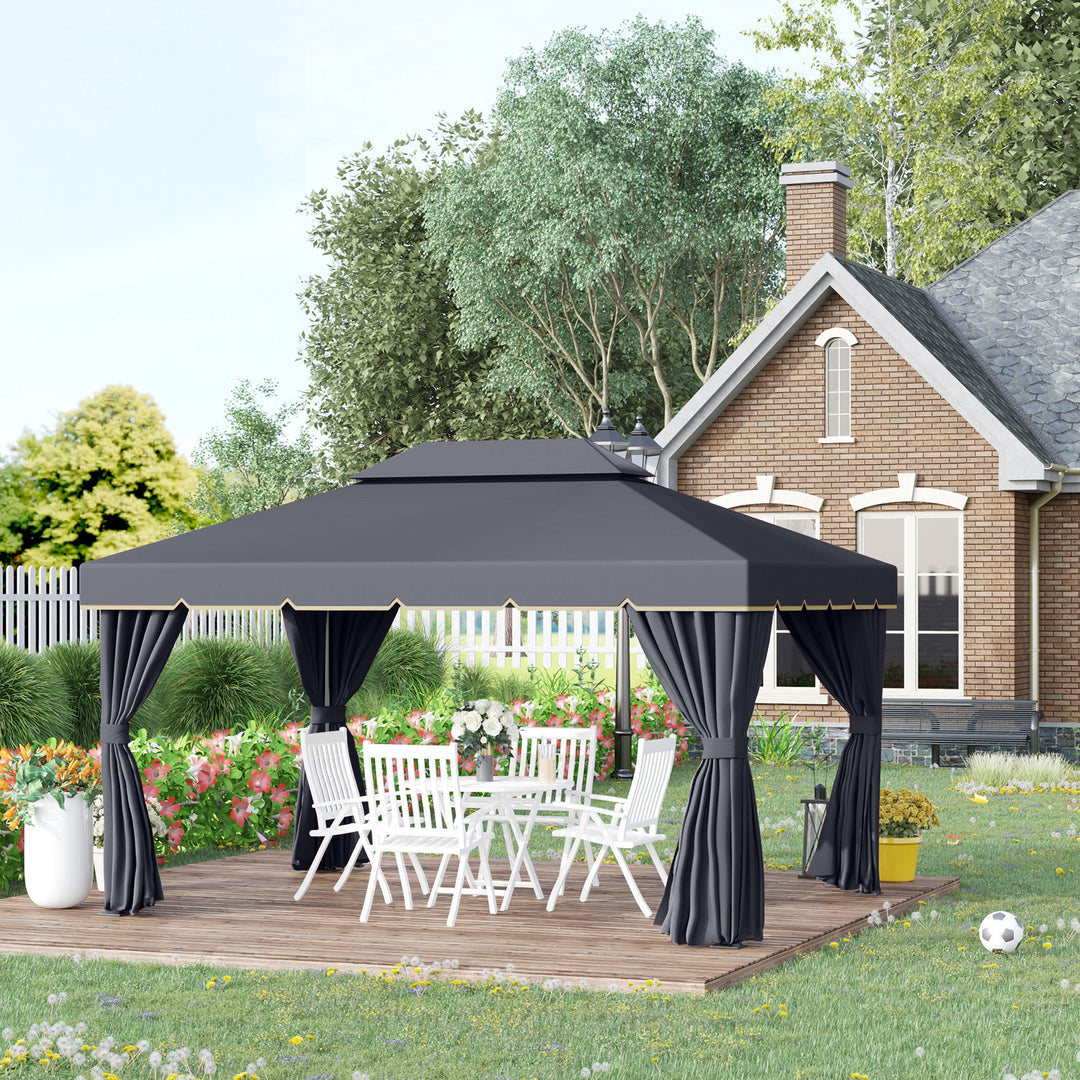 Outsunny 13' x 10' Outdoor Patio Gazebo Canopy with 2-Tier Polyester Roof, Vented Mesh Sidewall & Strong Aluminum Frame, Black