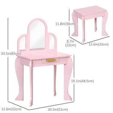 Qaba Kids Dressing Table and Chair Set, Girls Dressing Set, Makeup Desk with Drawer for 3-6 Years Old Kids, Pink
