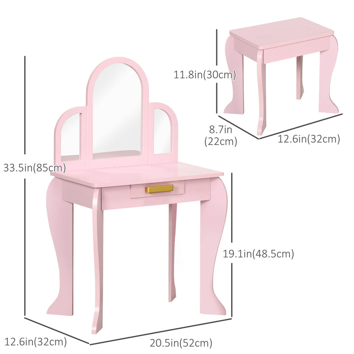 Qaba Kids Dressing Table and Chair Set, Girls Dressing Set, Makeup Desk with Drawer for 3-6 Years Old Kids, Pink
