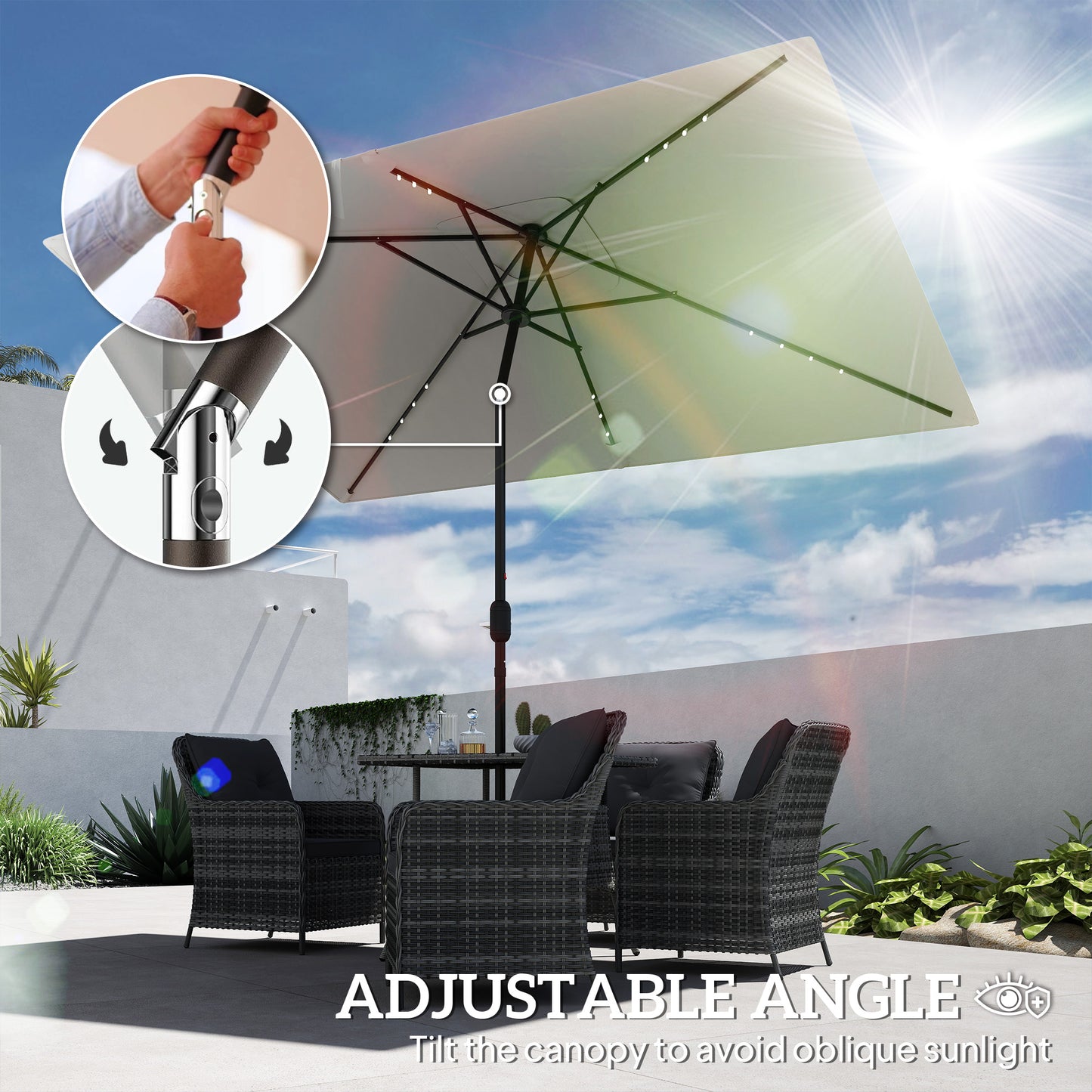 Outsunny 6' x 10' Patio Umbrella with 22 LED Solar Lights and Tilt, Rectangular Outdoor Table Umbrella with Crank, Beige