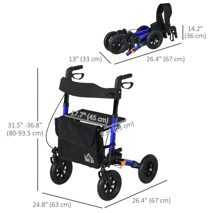 HOMCOM Rollator for Seniors with Seat, Rubber Wheels, Aluminum Folding Rolling Walker with Adjustable Handle, Bag, Blue