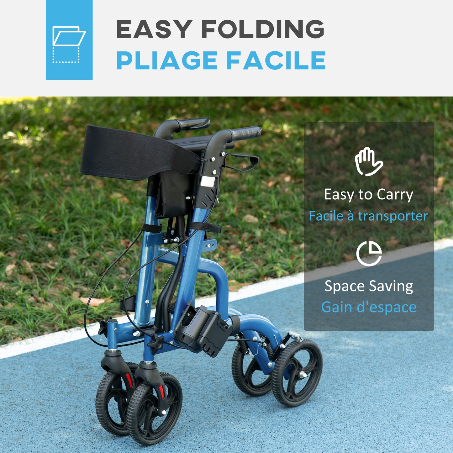 HOMCOM Rollator Walker for Seniors and Adults with 8'' Wheels, Padded Seat and Backrest,  Storage Bag Blue