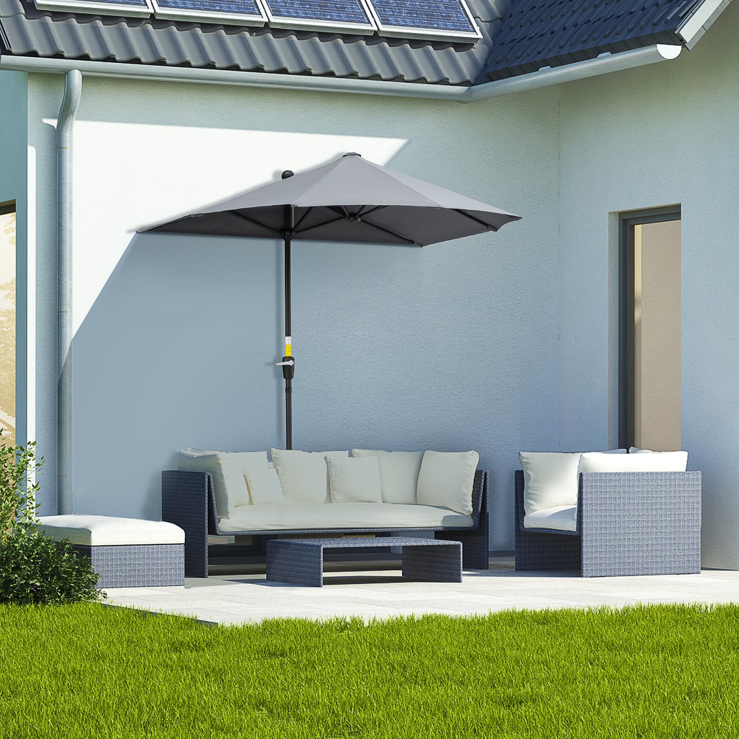 Outsunny 6.6 x 6ft Half Patio Umbrella Outdoor Parasol with Double-Sided Canopy, Crank Handle, Base for Garden, Balcony, Grey