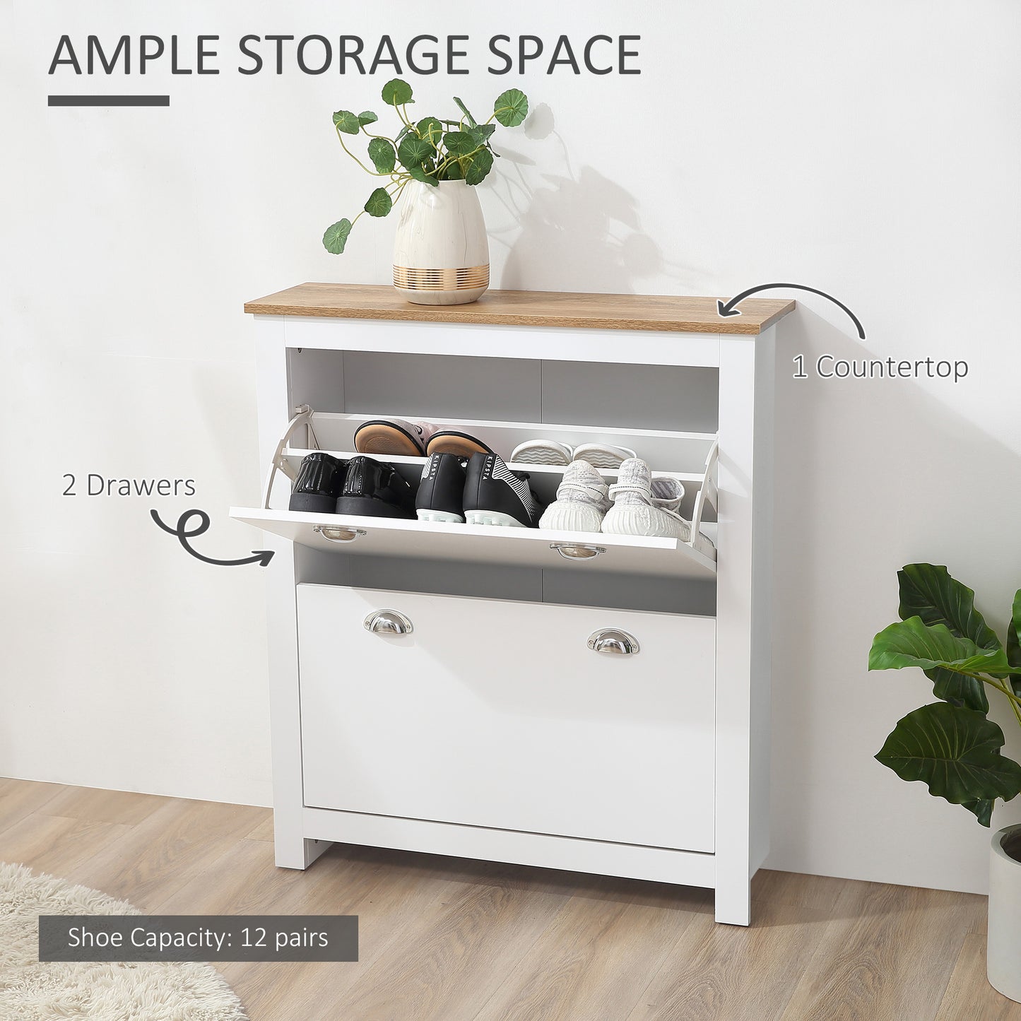 HOMCOM Entryway Shoe Cabinet with 2 Flip Drawers and Adjustable Shelves, 12 Pair Shoe Storage Organizer for Hallway, White