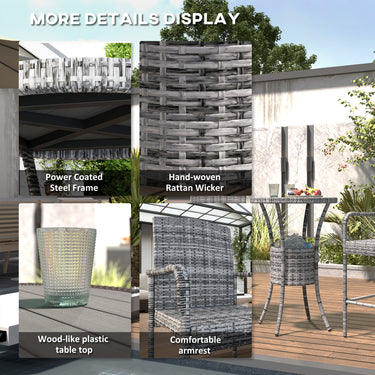 Outsunny 3 Pieces Patio Bar Set, Rattan Bistro Table and Chairs, Outdoor Conversation Furniture Set with Ice Bucket, Mixed Grey