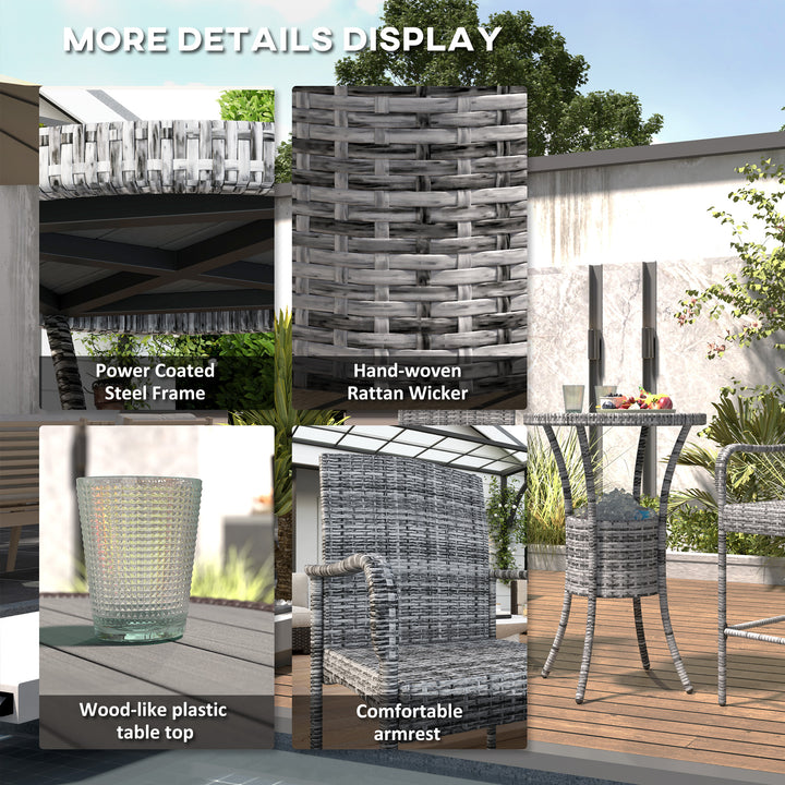 Outsunny 3 Pieces Patio Bar Set, Rattan Bistro Table and Chairs, Outdoor Conversation Furniture Set with Ice Bucket, Mixed Grey