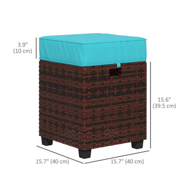 Outsunny 2 PCS Patio Wicker Ottoman Set, Square Outdoor PE Rattan Footrest with Removable Cushion for Backyard, Sky Blue