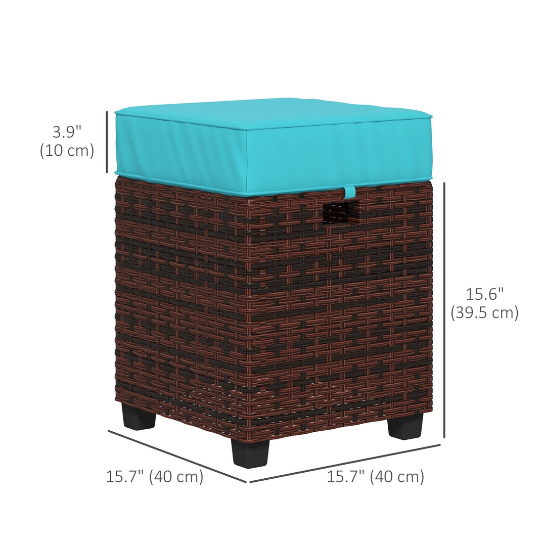 Outsunny 2 PCS Patio Wicker Ottoman Set, Square Outdoor PE Rattan Footrest with Removable Cushion for Backyard, Sky Blue