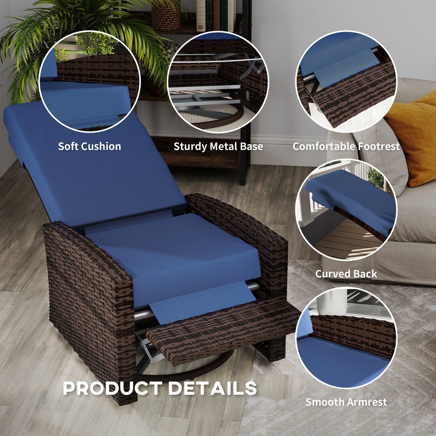 Outsunny Outdoor Rattan Wicker Lounge Chair with Footrest & Soft Cushion for Patio, Garden, Backyard, Sky Blue