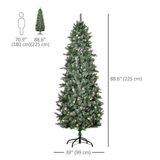HOMCOM 7.5ft Artificial Christmas Tree, Flocked Christmas Tree with Pine Cones, 1119 Branch Tips and Metal Base, Green