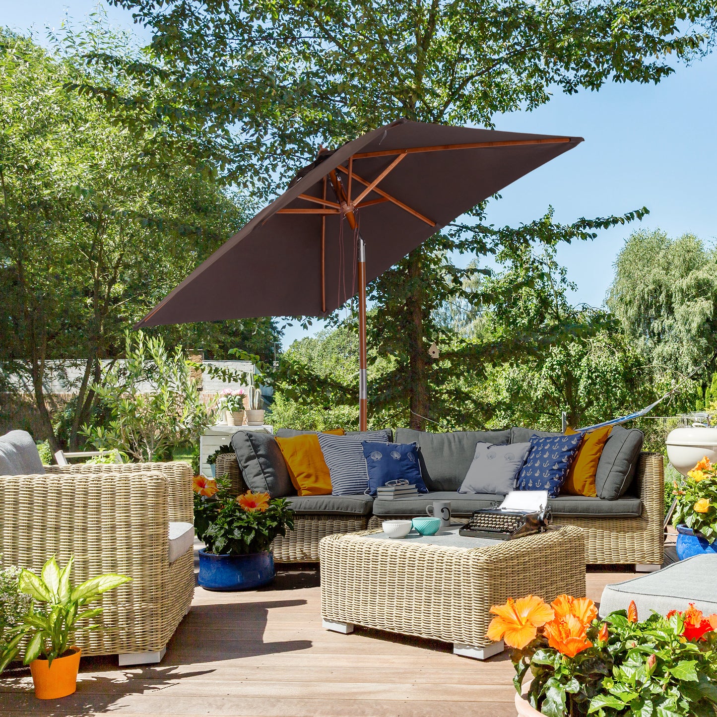 Outsunny 6.6x5ft Square Market Parasol, Wooden Patio Umbrella with Tilt Mechanism and 6 Bamboo Ribs, Garden Sunshade, Wine Red
