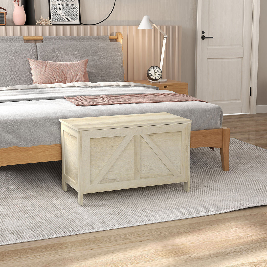 HOMCOM Storage Trunk Box Organizer with Farmhouse Panel Safety Hinge to Open Up 100° Natural