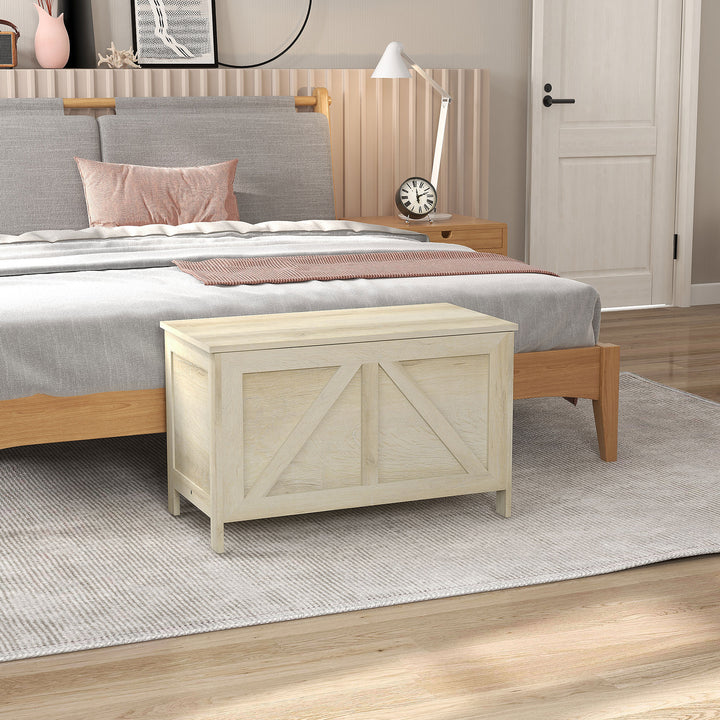 HOMCOM Storage Trunk Box Organizer with Farmhouse Panel Safety Hinge to Open Up 100° Natural