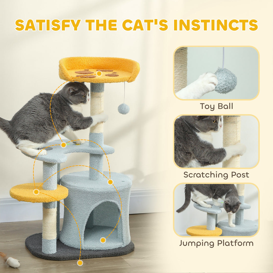 PawHut Cat Tree for Indoor Cats, 31.5 inch Cat Tower with Plush Perch, Platform, Condo, Scratching Post and Toy Ball, Blue