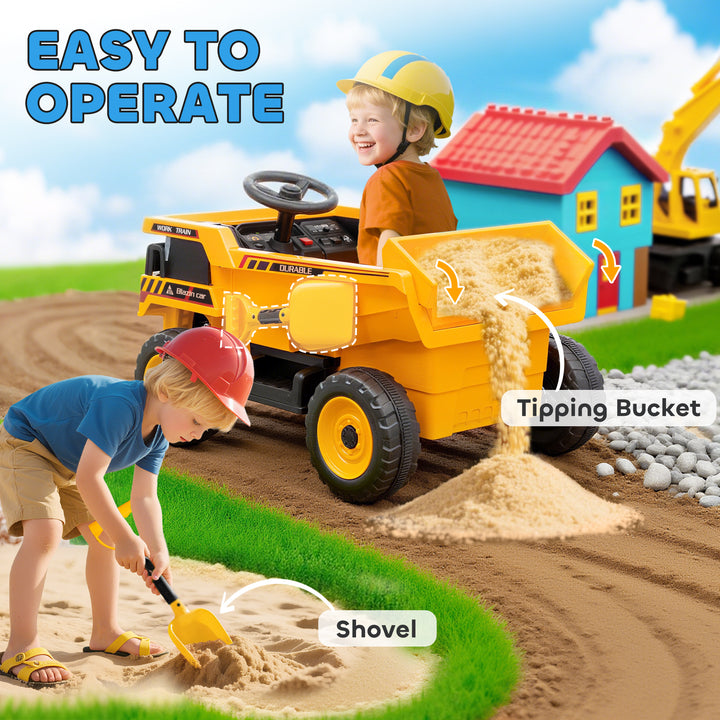 Qaba Kids Electric Car, Ride On Dump Truck, 12V Ride On Toy with Electric Dump Bed and Remote Control, Yellow
