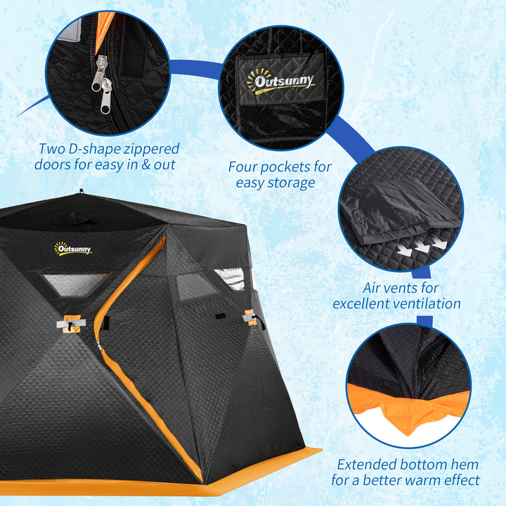 Outsunny 4 Person Insulated Ice Fishing Shelter, Pop-Up Portable Ice Fishing Tent with Carry Bag and Two Doors for -22℉, Black