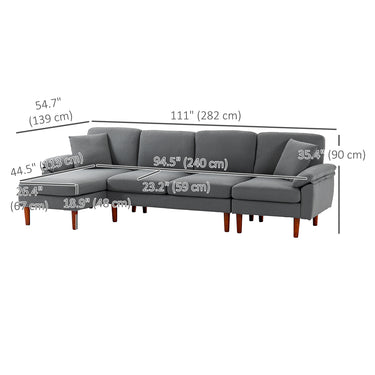 HOMCOM L-Shape Sofa, Modern Sectional Couch with Changeable Chaise Lounge, Pillows and Wooden Legs for Living Room, Dark Grey