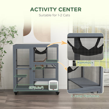 PawHut Cat Condo Wooden Indoor Cat House on Wheels with Cat Flap Door Platforms Hammock Openable Top for 2 Cats, Light Grey