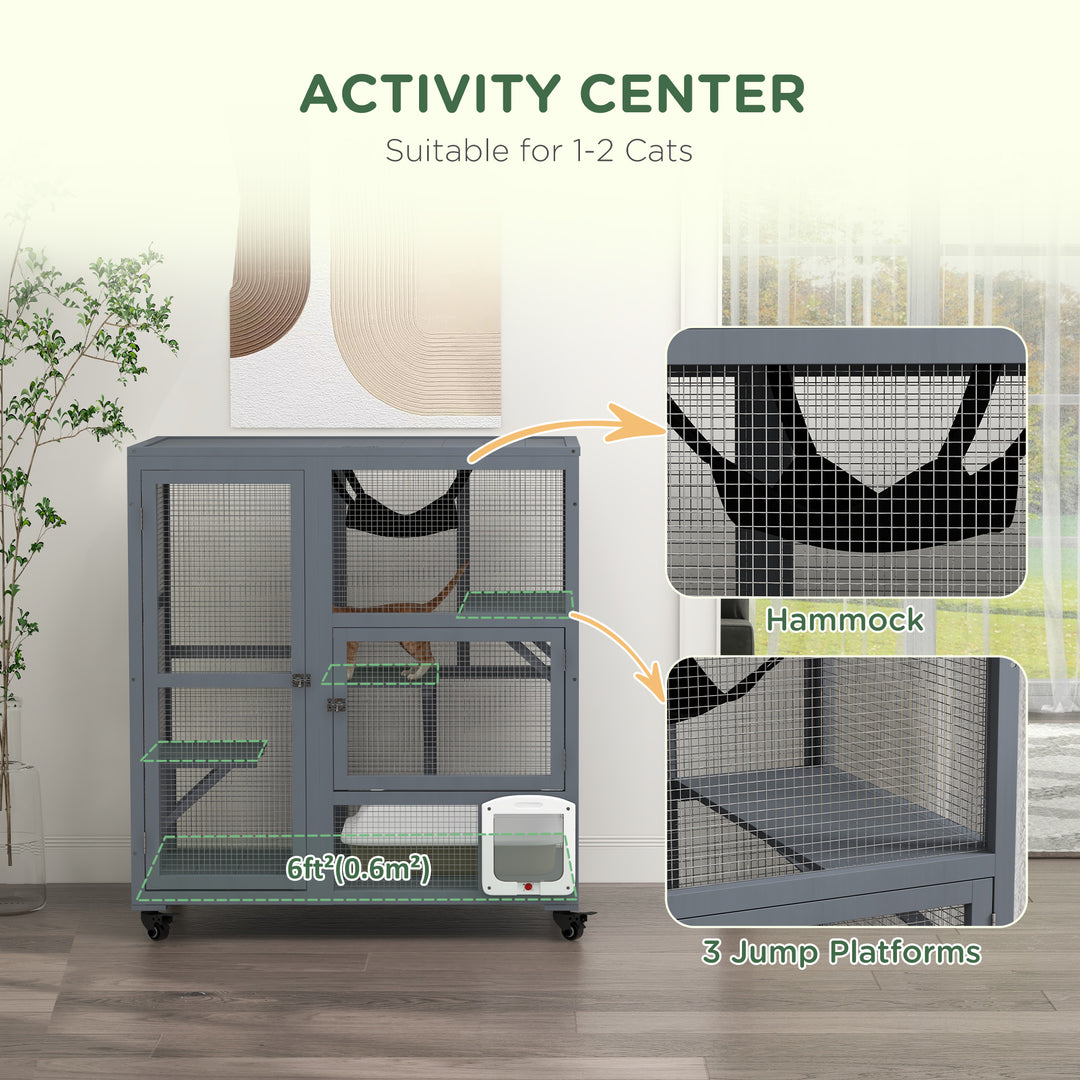 PawHut Cat Condo Wooden Indoor Cat House on Wheels with Cat Flap Door Platforms Hammock Openable Top for 2 Cats, Light Grey