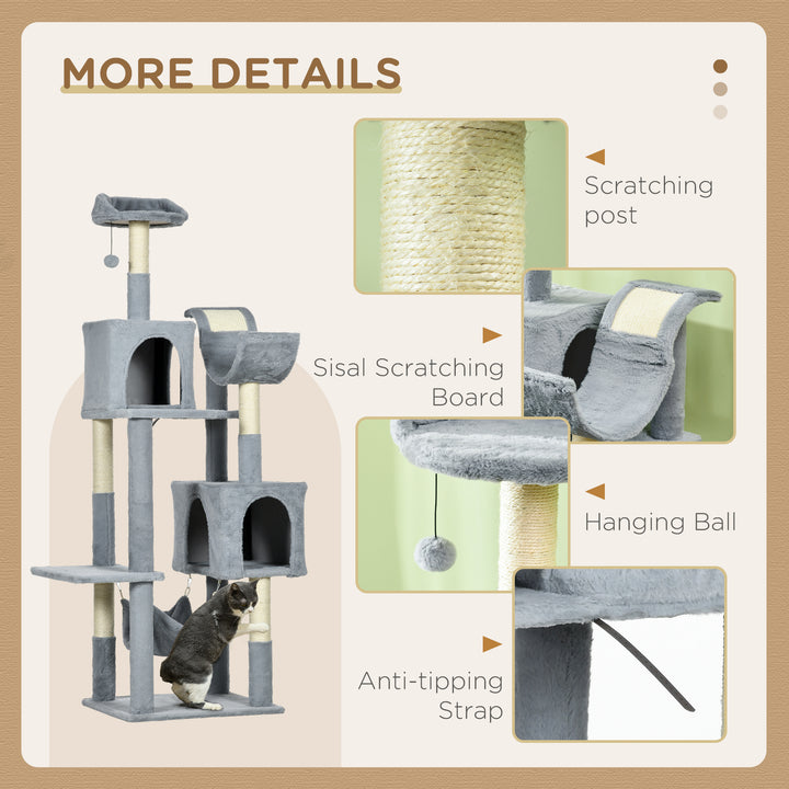 PawHut Tall Cat Tree for Indoor Cats, 70" Multi-Level Cat Tower with Hammock, Cat Bed, Cat Condo with Sisal Scratching Posts, Bluish Grey