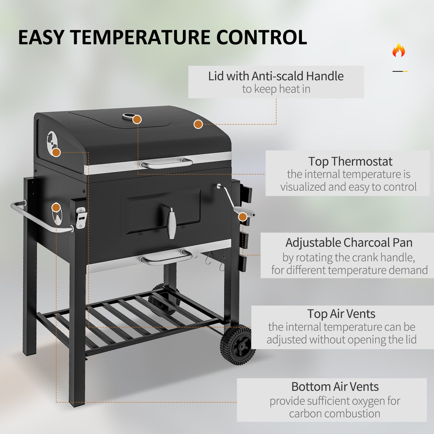 Outsunny BBQ Trolley Charcoal Grill Portable Stainless Steel Barbecue Tool Kits w/ Wheels Side Shelf for Camping Hiking Picnic