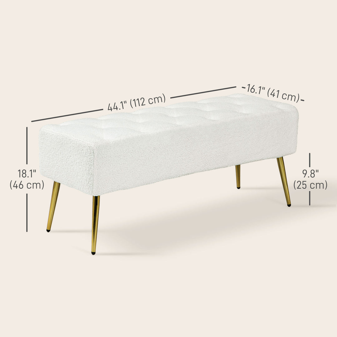 HOMCOM 44" Lamb's Wool-Feel Upholstered Bedroom Bench, End of Bed Bench with Thick Padded Cushion and Steel Legs, Cream White