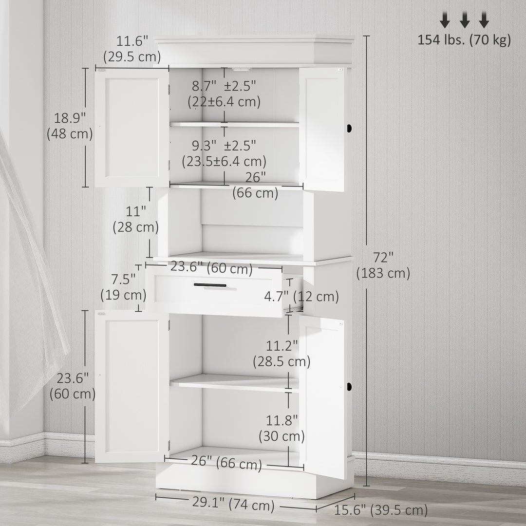 HOMCOM Modern Freestanding Kitchen Pantry Cabinet Cupboard with Doors Open Shelves Adjustable Shelving Microwave Space, White