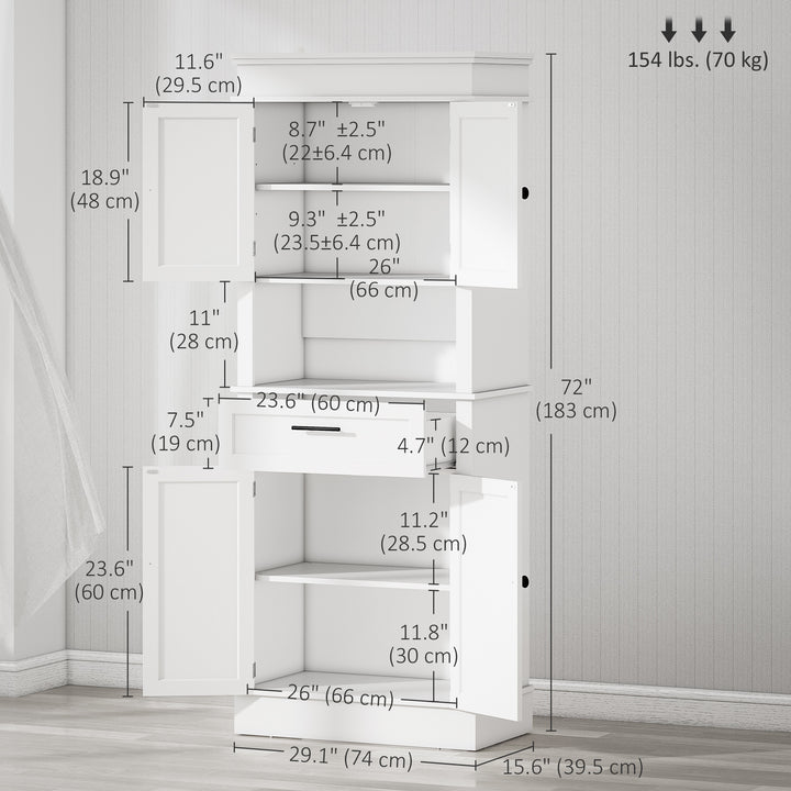 HOMCOM Modern Freestanding Kitchen Pantry Cabinet Cupboard with Doors Open Shelves Adjustable Shelving Microwave Space, White