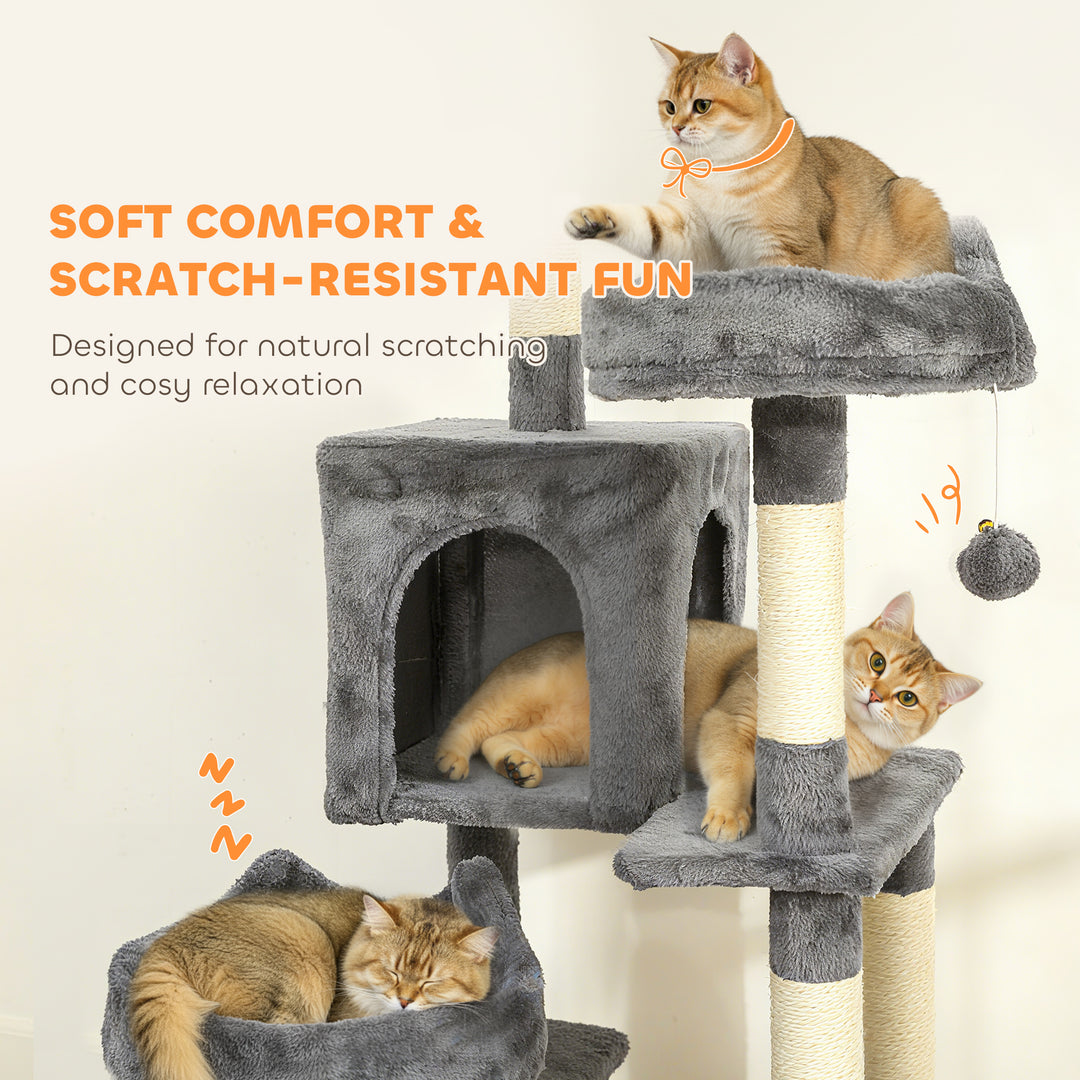 PawHut 76" Large Cat Tree for Indoor Cats with 8 Scratching Posts, 3 Plush Beds, 2 Hammocks, 2 Large Condos, Ramp, Dark Grey