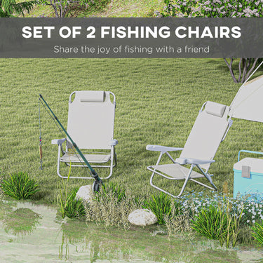 Outsunny Set of 2 Fishing Chairs, Camping Chairs with Adjustable Backrest and Headrest, Folding Chair for Outdoor, Light Grey