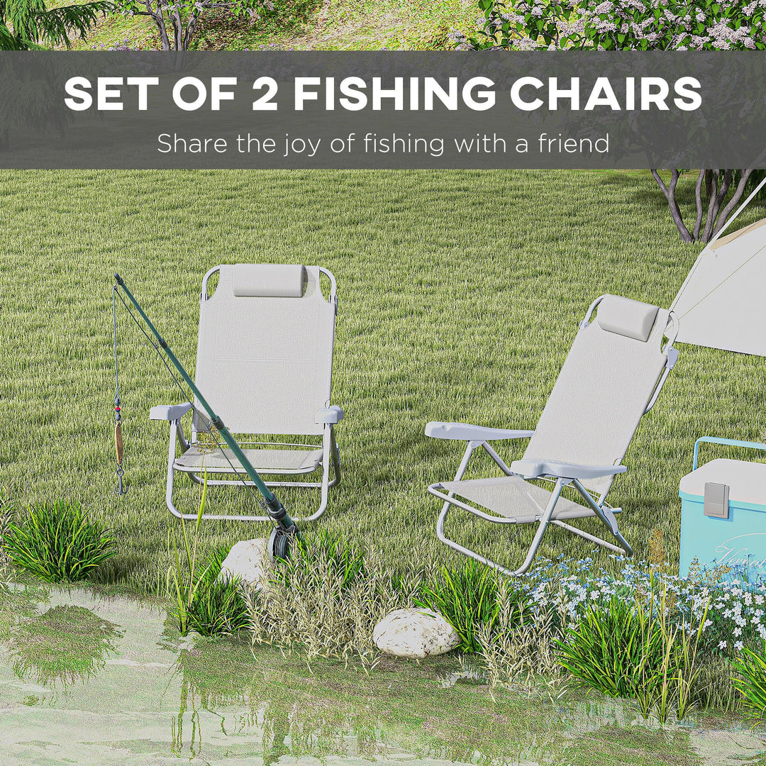 Outsunny Set of 2 Fishing Chairs, Camping Chairs with Adjustable Backrest and Headrest, Folding Chair for Outdoor, Light Grey