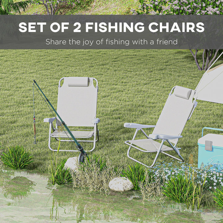 Outsunny Set of 2 Fishing Chairs, Camping Chairs with Adjustable Backrest and Headrest, Folding Chair for Outdoor, Light Grey